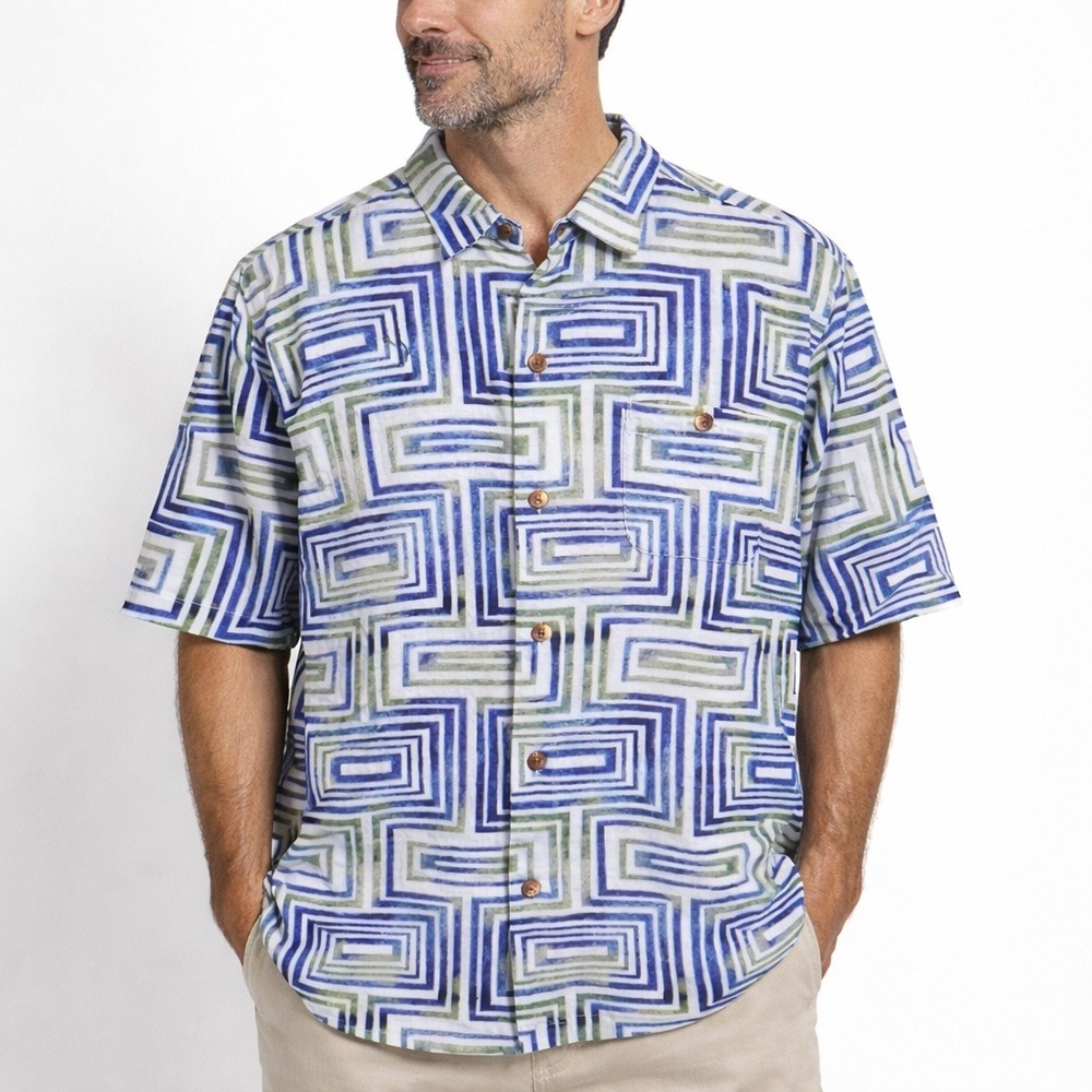Tommy‎ Bahama Silk Camp Shirt Large Original Fit Blue Green Geometric Print